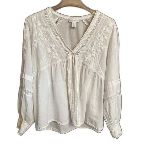 House of Harlow 1960 White V Neck Embroidered Peasant Blouse - Picture 1 of 5